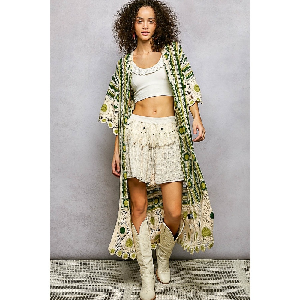 POL Boho Crochet Longline Cardigan Duster Green Floral Heart Pattern ONE SIZE - Picture 4 of 8